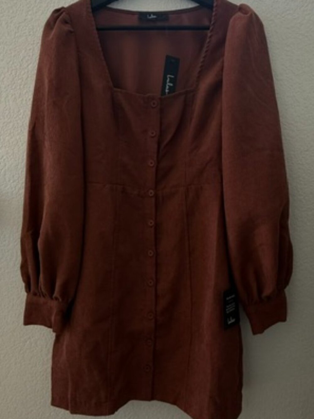 Lulus NWT Rust Corduroy Button Front Mini Dress Puff Sleeve (XS)